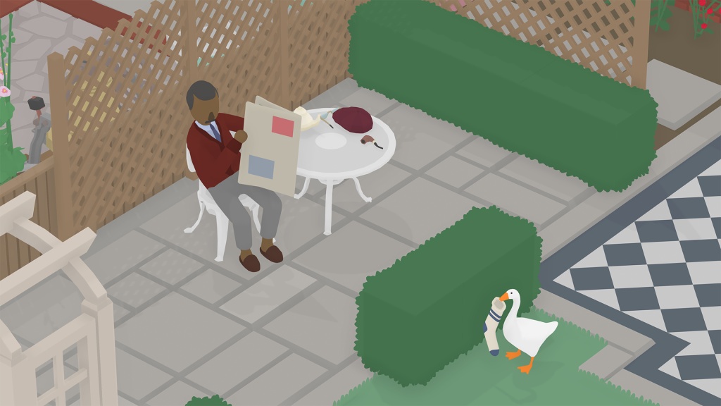 In this screenshot, the goose hides behind a bush with a stole sock while a nearby villager looks from behind his newspaper suspiciously.