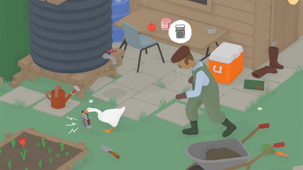 In this screenshot, the goose with a stolen radio from an annoyed farmer.